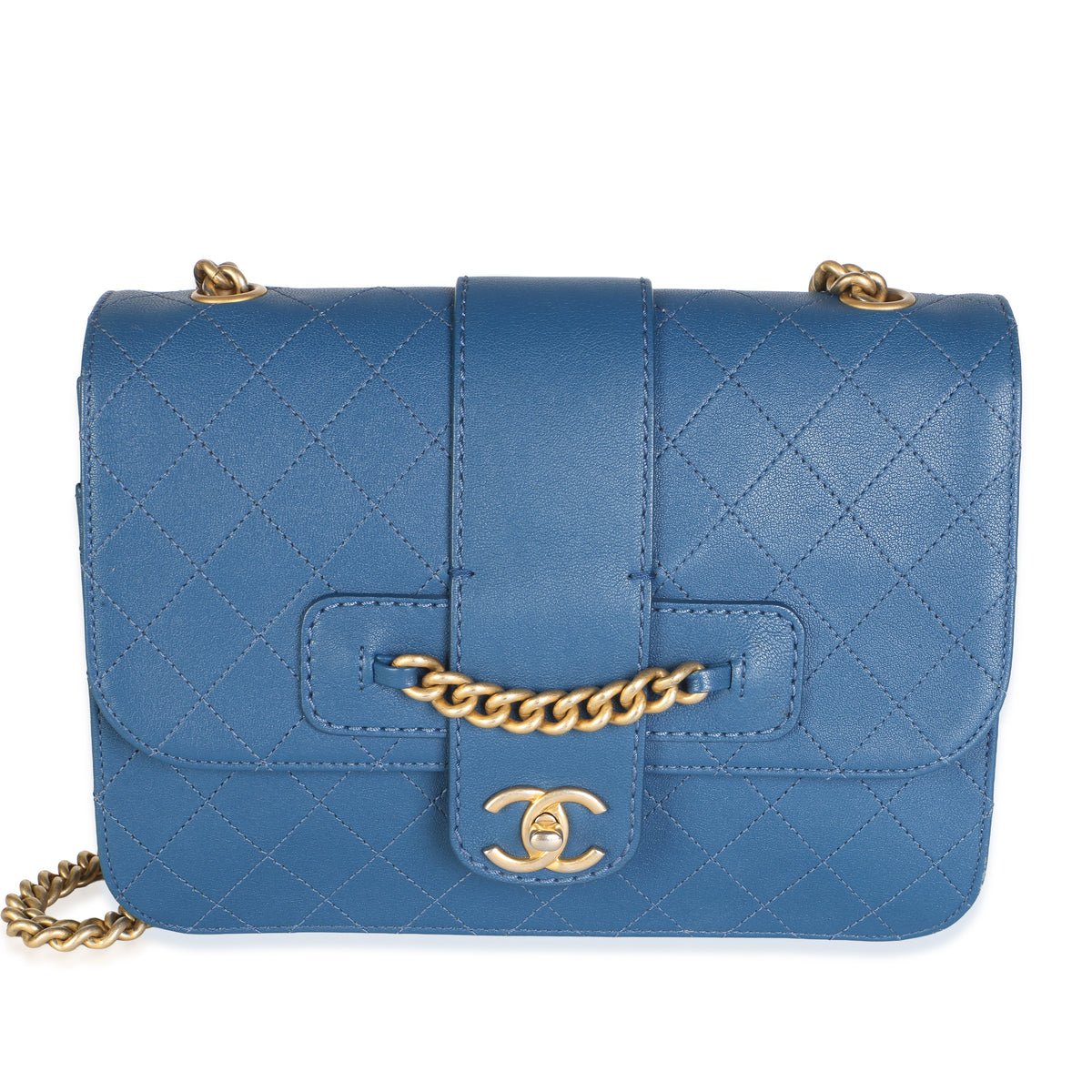 Blue Quilted Calfskin Front Chain Flap Bag