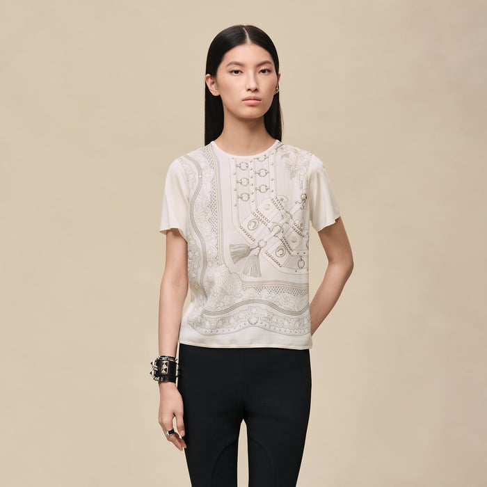 Gris Perle "Aux Champs En Fleurs Raye" Short-sleeve Sweater
