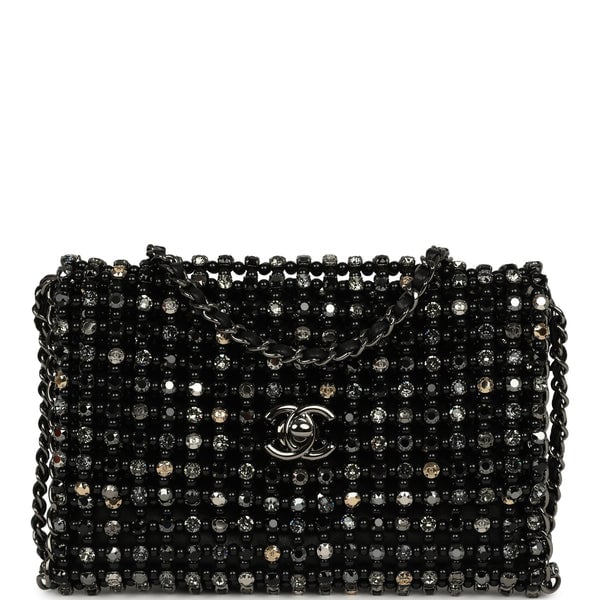 Chanel Medium Beaded Evening Bag Strass, Pearl, Black Leather Ruthenium Hardware