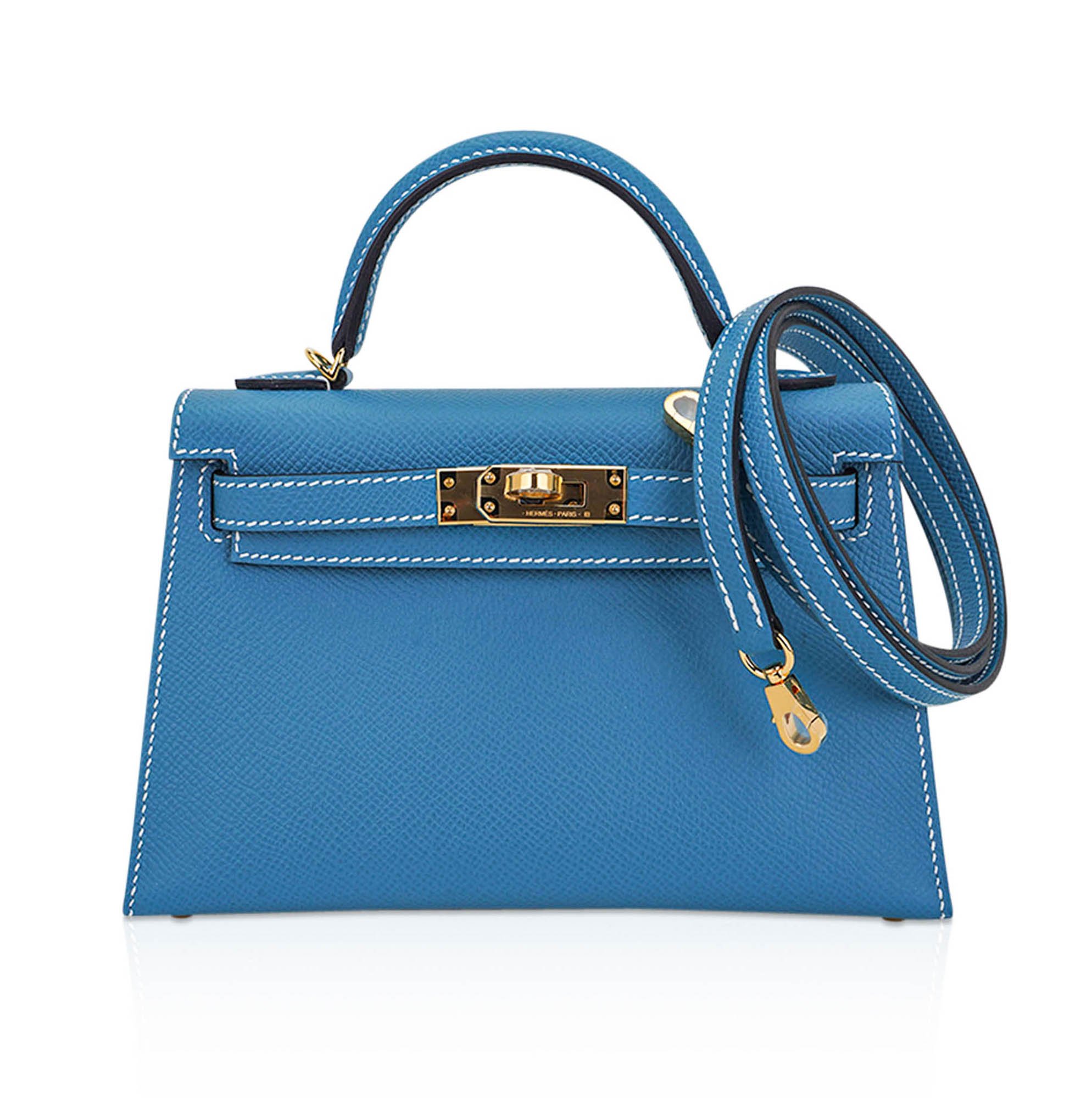 Hermes Hermes Mini Kelly 20 Bag Sellier New Blue Jean Epsom Leather with Gold Hardware