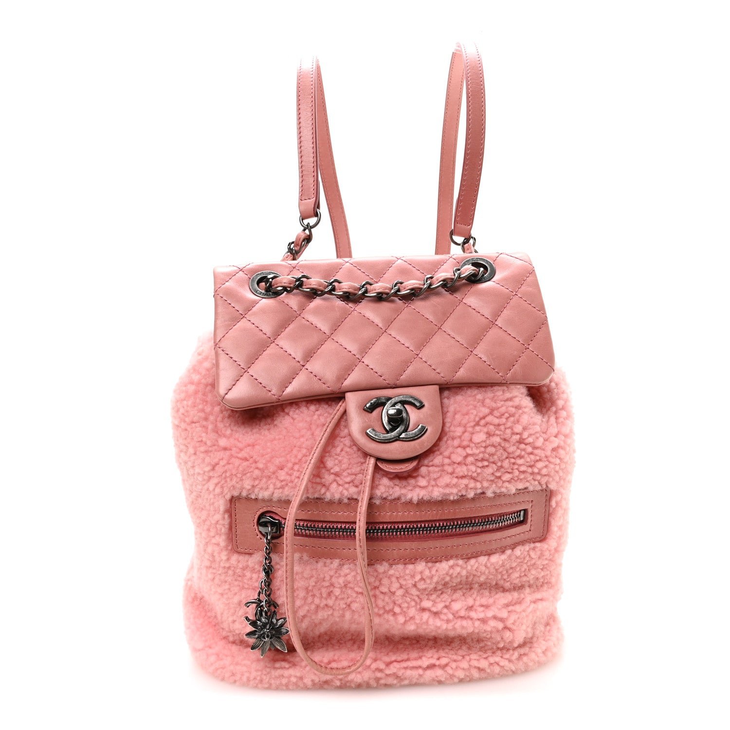 Chanel Glazed Calfskin Shearling Quilted Small Mountain Backpack Pink