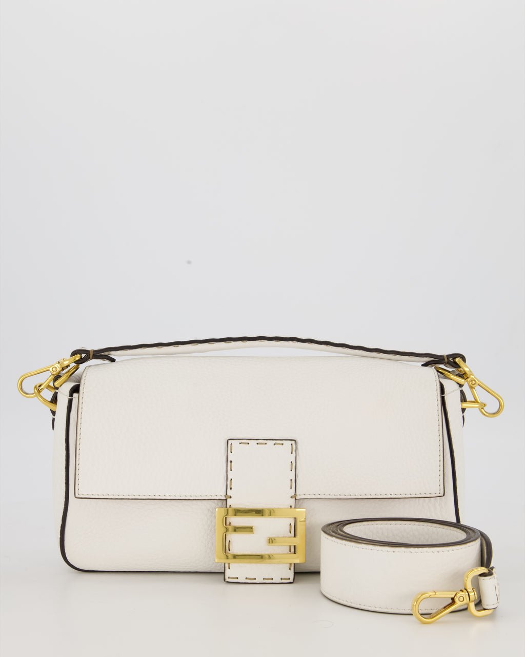 Fendi White Baguette Medium Shoulder Bag in Calfskin Leather with Black Trim and Gold Hardware