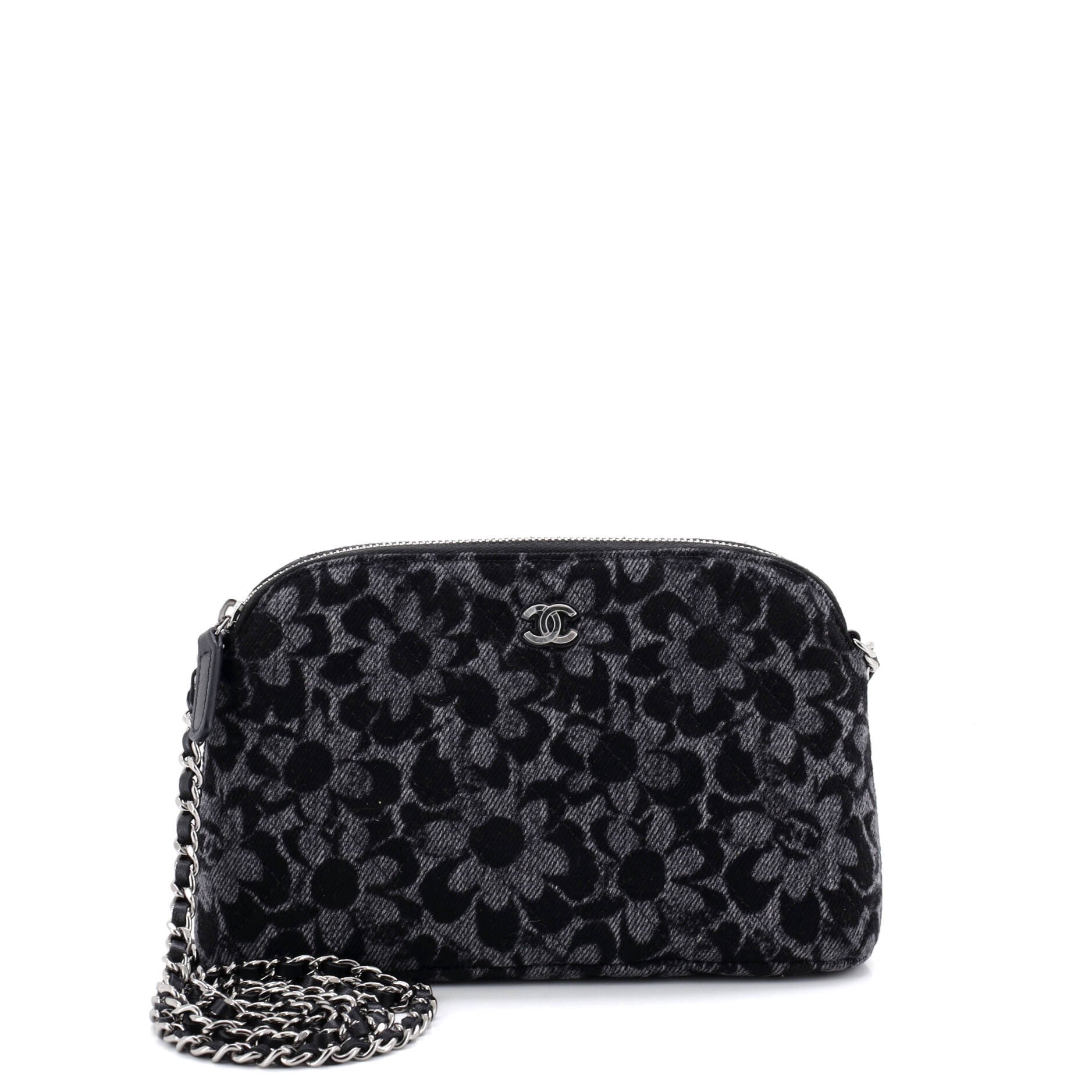 CC Dome Zip Clutch with Chain Quilted Printed Denim Small
