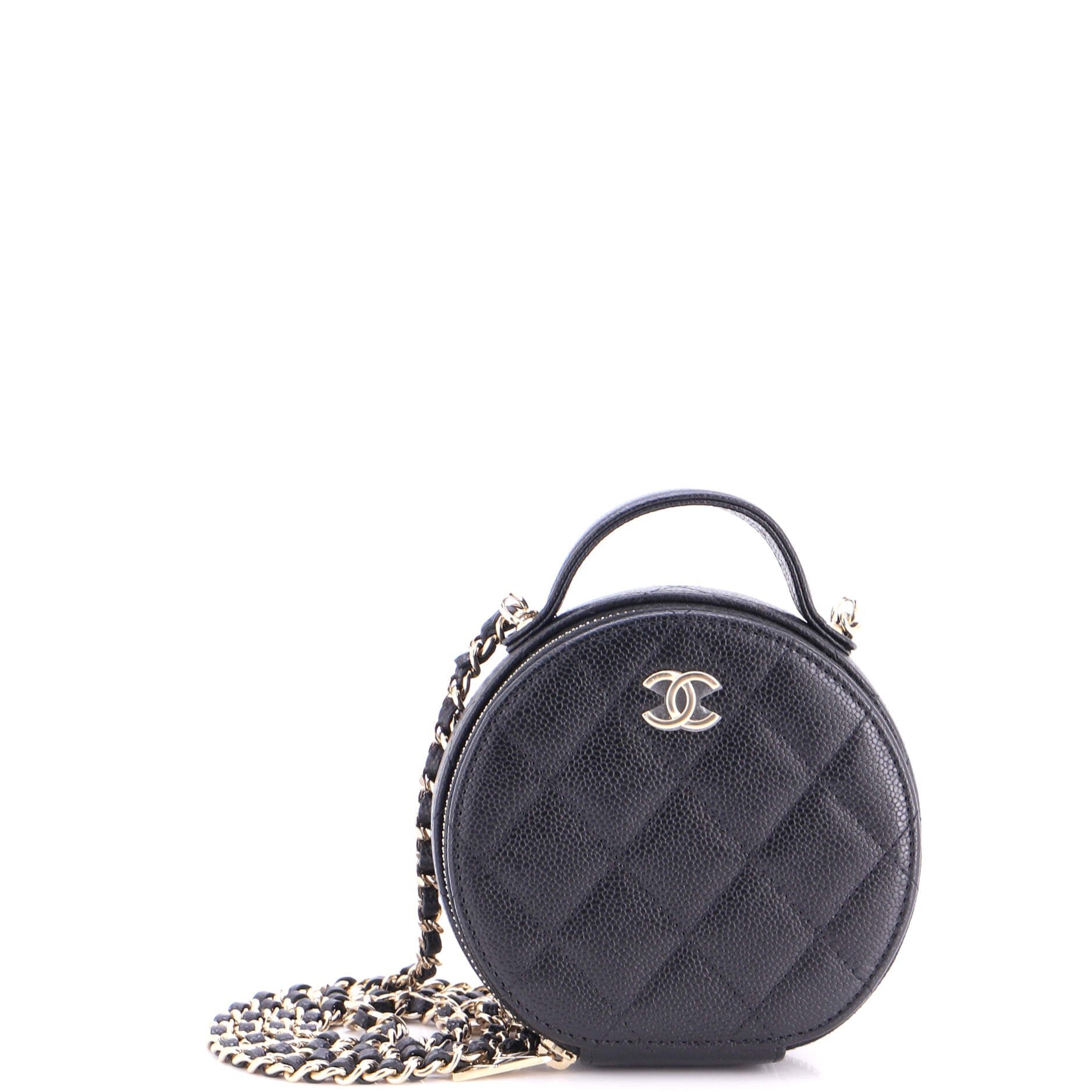 Handle with Care Round Vanity Case with Chain Quilted Caviar Small