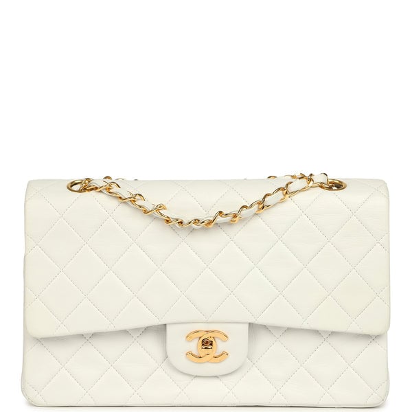 Vintage Chanel Medium Classic Double Flap Bag White Lambskin Gold Hardware