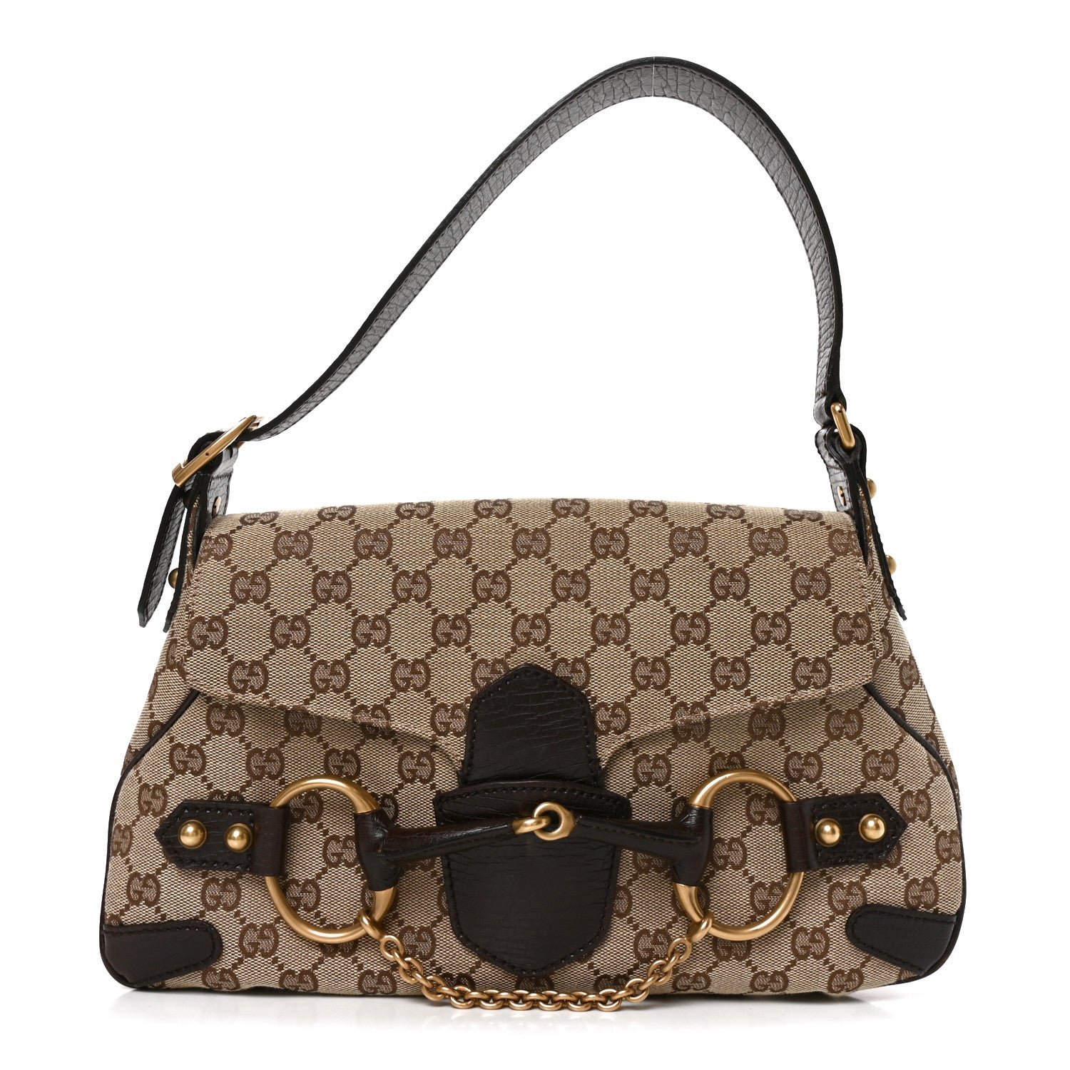 Gucci Monogram Horsebit Chain Flap Shoulder Bag Brown