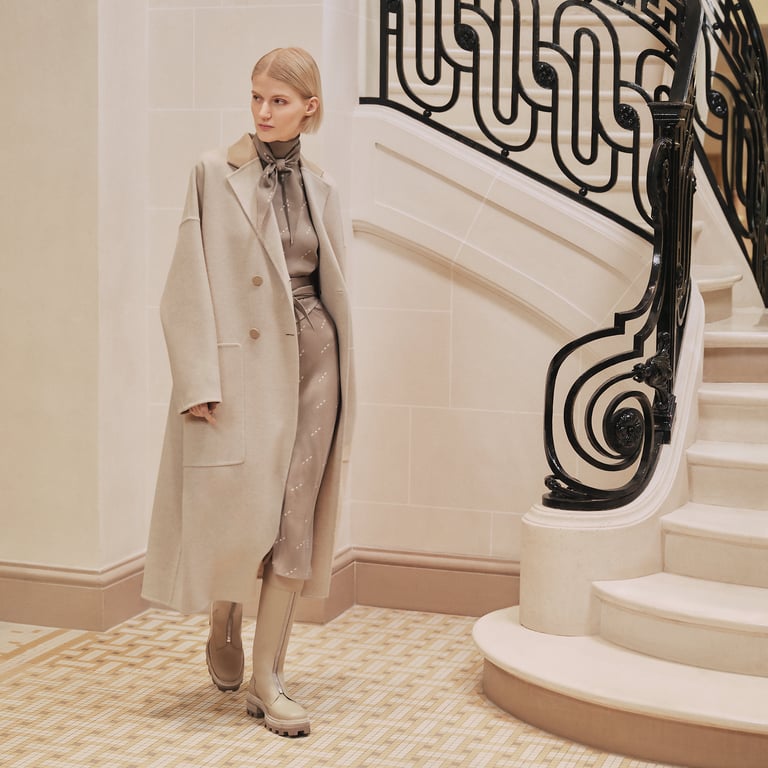 Mixed leather wide overcoat