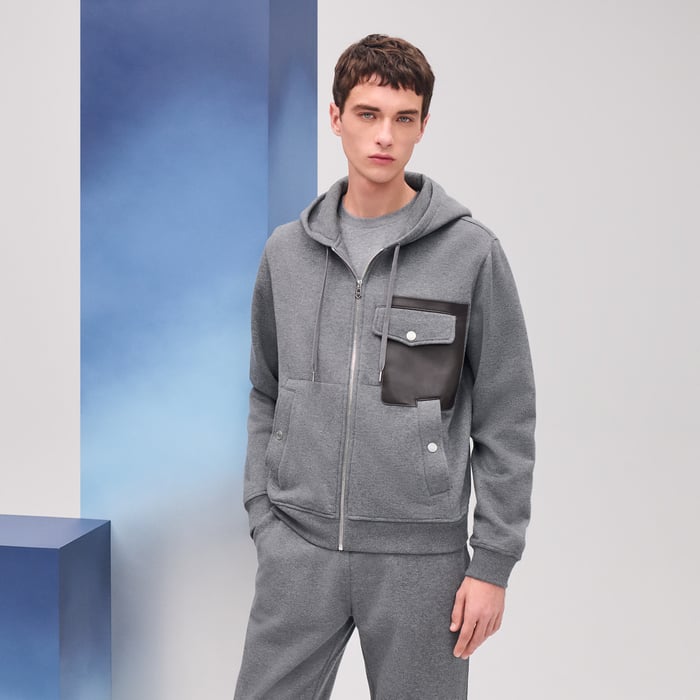 Gris "Empreintes Sellier Cuir" Zipped Hooded Sweater