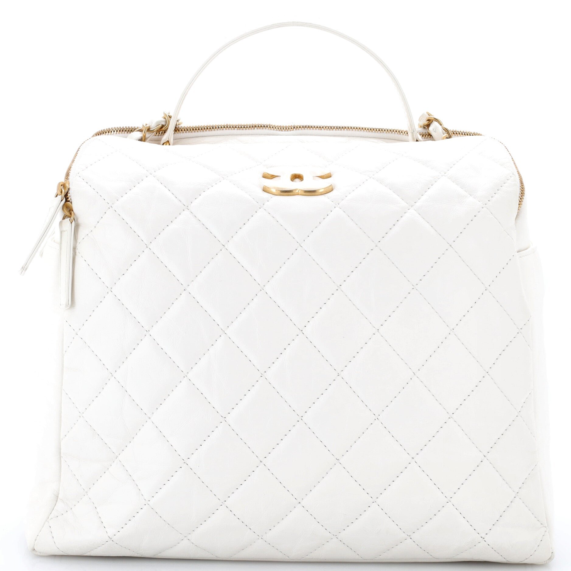 CC Double Zip Top Handle Bowler Bag Quilted Aged Calfskin Large