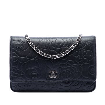 Lambskin CC Embossed Lambskin Camellia Wallet On Chain