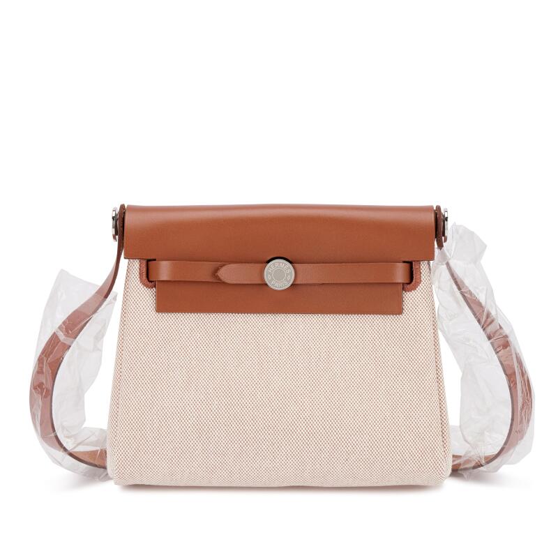 Hermes Fauve Vache Hunter and Ecru Toile Mini Herbag Zip 20 Palladium Hardware, 2024