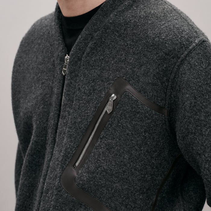 Gris Foncé Zipped Cardigan With Leather Detail