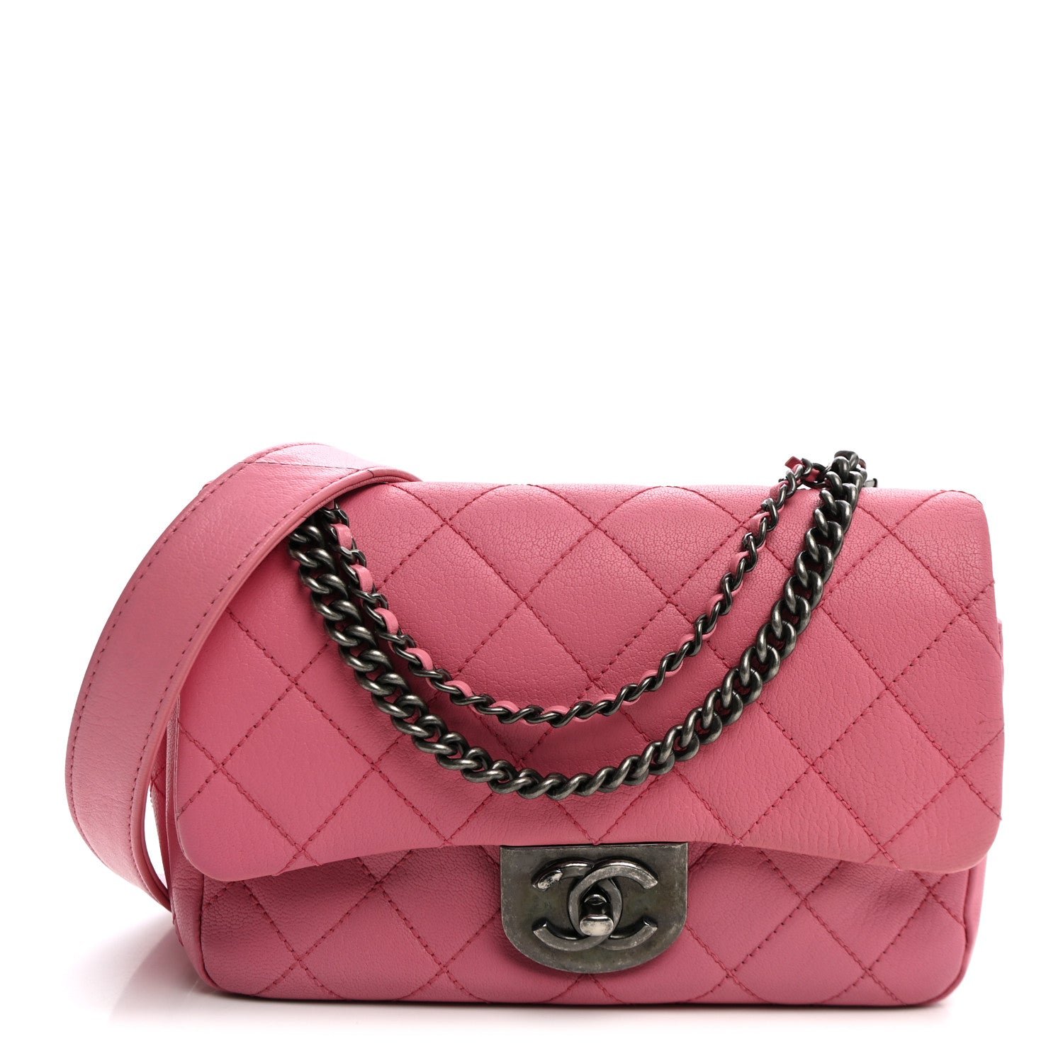 Chanel Shiny Goatskin Quilted Small Double Carry Waist Chain Flap Pink