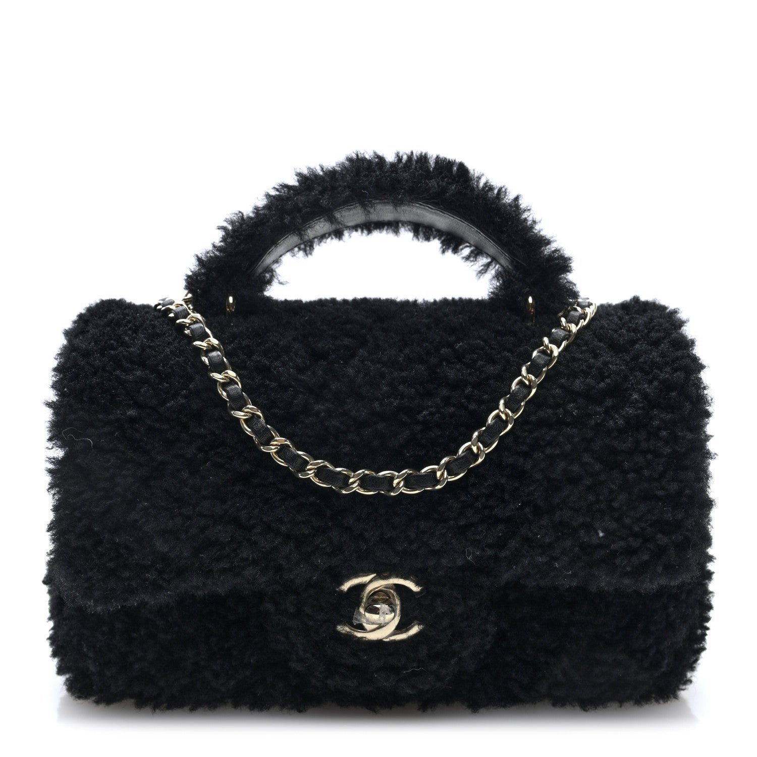Chanel Shearling Quilted Mini Top Handle Rectangular Flap Black