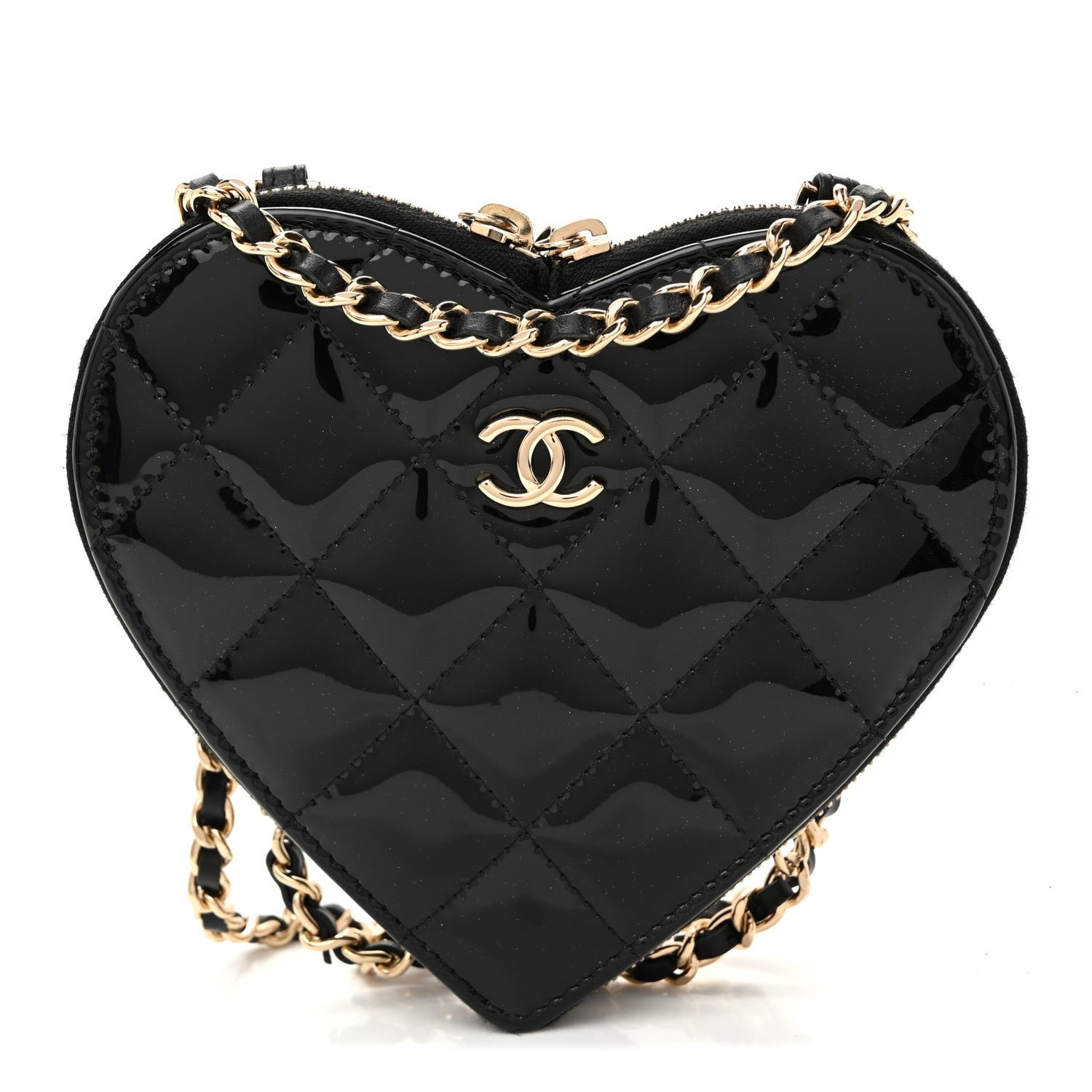 Chanel Patent Calfskin Resin Quilted CC Heart Clutch With Chain Black