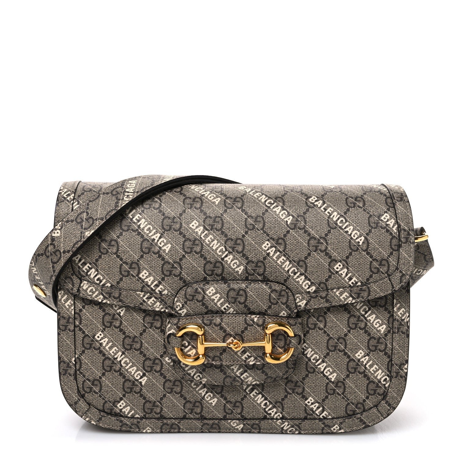X BALENCIAGA GG Supreme Monogram Logo Print Horsebit 1955 Shoulder Bag Beige Ebony