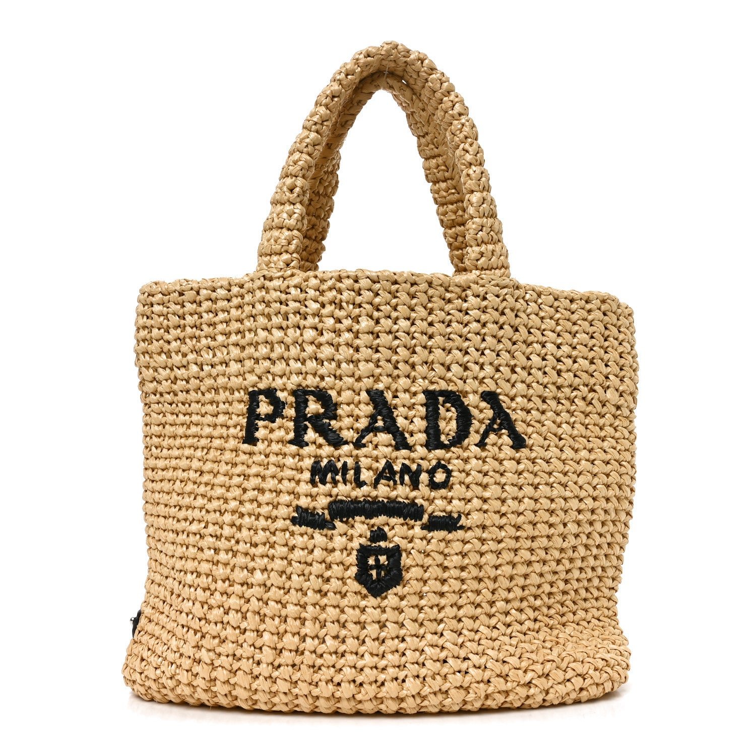 Yarn Raffia Effect Crochet Embroidered Small Logo Tote Naturale