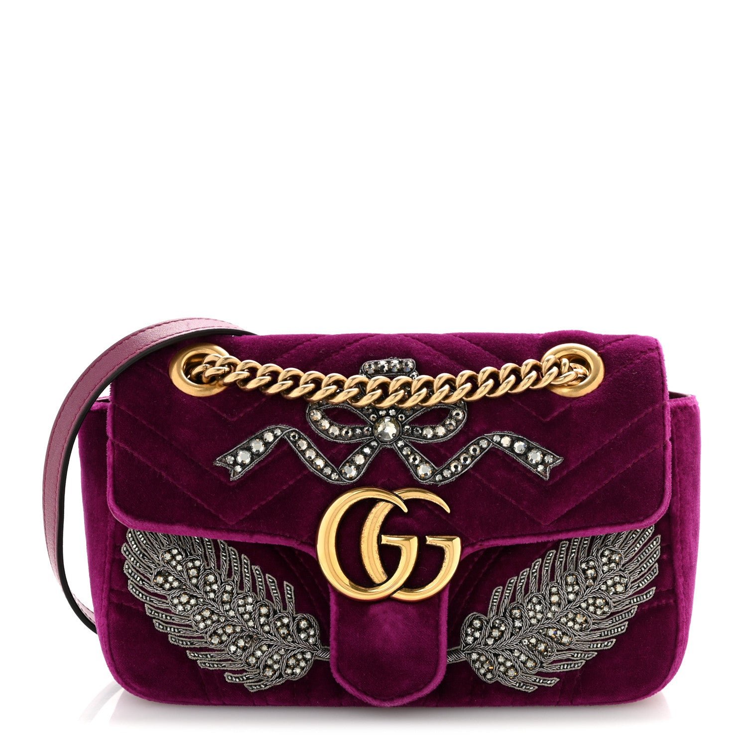 Gucci Velvet Matelasse Embroidered Mini GG Marmont Shoulder Bag Bordeaux