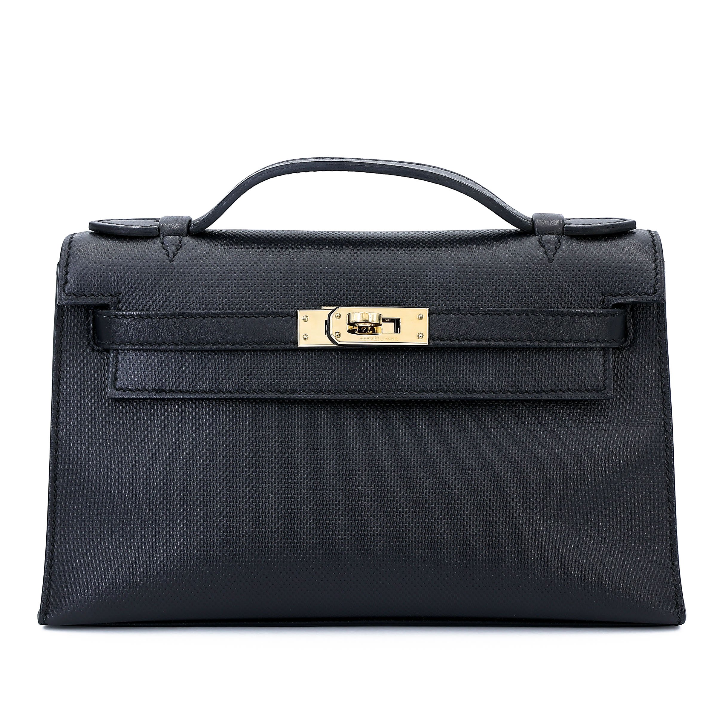 Hermes Very Good ( Rank A) HERMÈS Kelly Pochette Noir (89) Grain d`H Swift Permabrass hardware Square Q (2013)