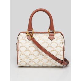 Celine Celine White/Tan Triomphe Coated Canvas Boston Small Shoulder Bag