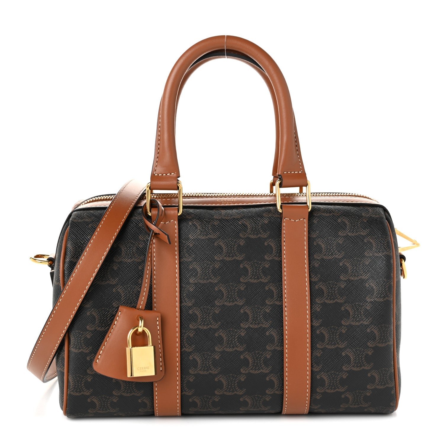 Celine Triomphe Canvas Calfskin Medium Boston Bag Tan