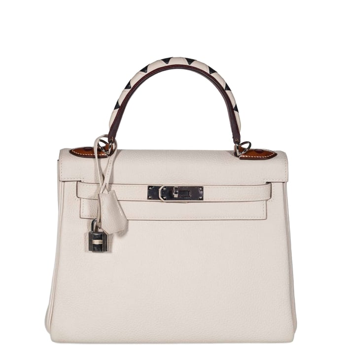 Hermes Hermès Kelly 28 Retourne au Galop Craie, Rouge H, Fauve and Black Togo Palladium Hardware