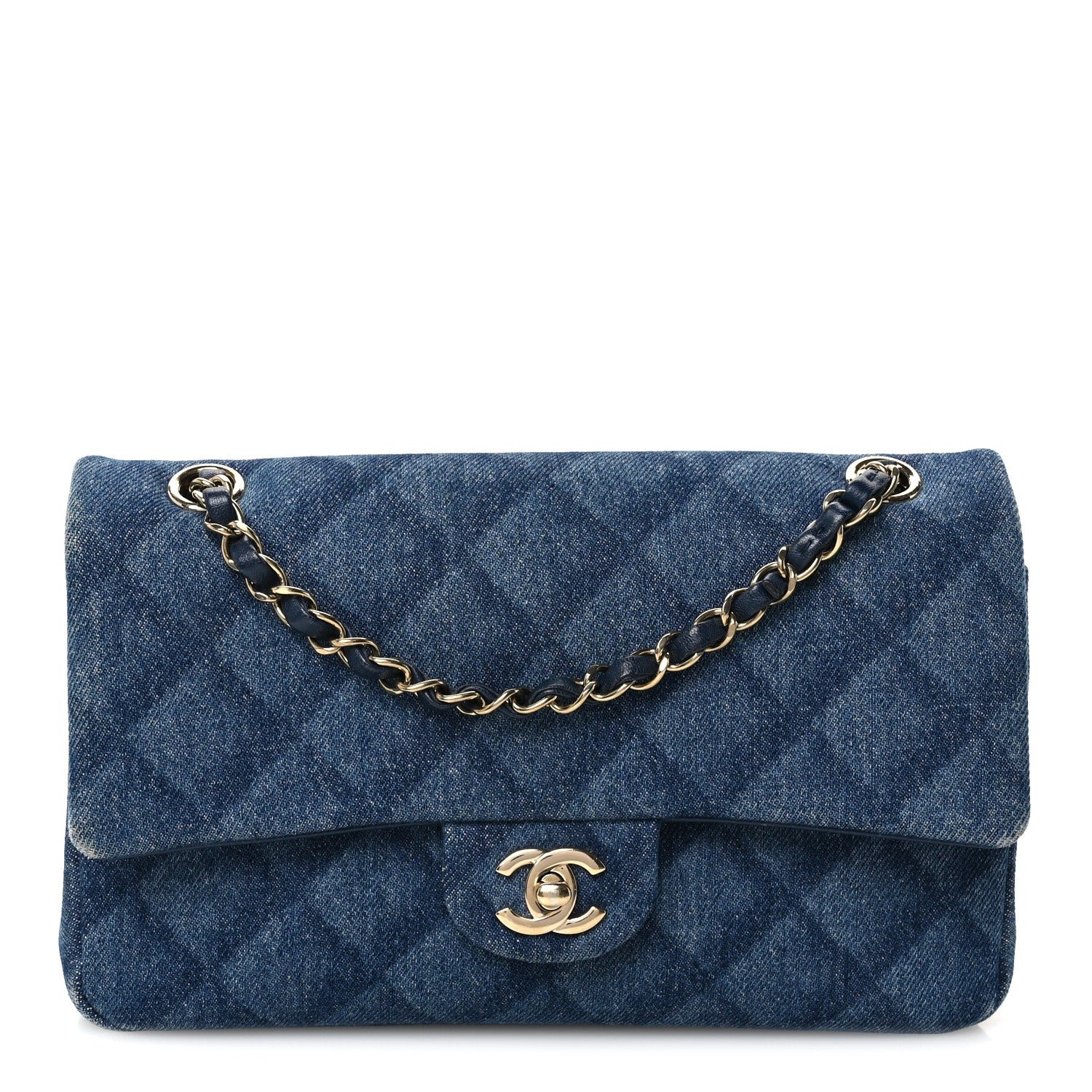 Chanel Printed Denim Quilted Medium Double Flap Dark Blue