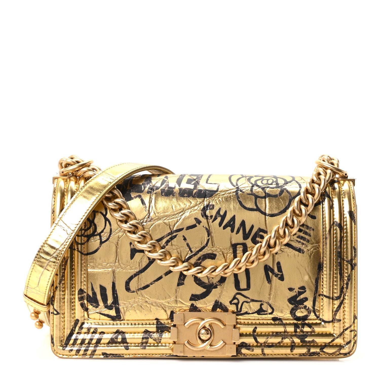 Chanel Metallic Calfskin Crocodile Embossed Graffiti Medium Cocodile Boy Flap Gold