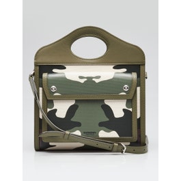 Burberry Burberry Green/White/Black Leather/Coated Canvas Camo Topstitch Pocket Mini Tote Bag