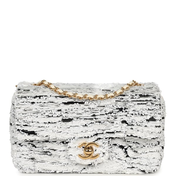 Chanel Mini Rectangular Flap Bag White, Black Sequins Gold Hardware