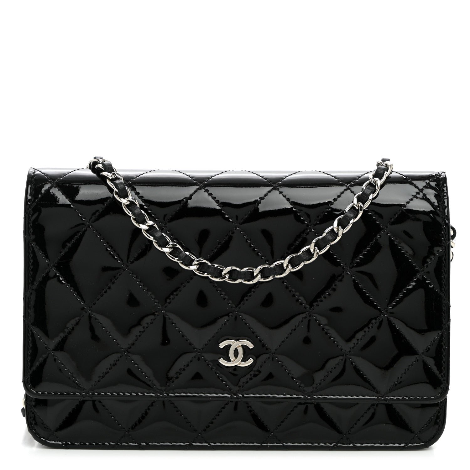 Chanel Patent Quilted Wallet On Chain WOC Black