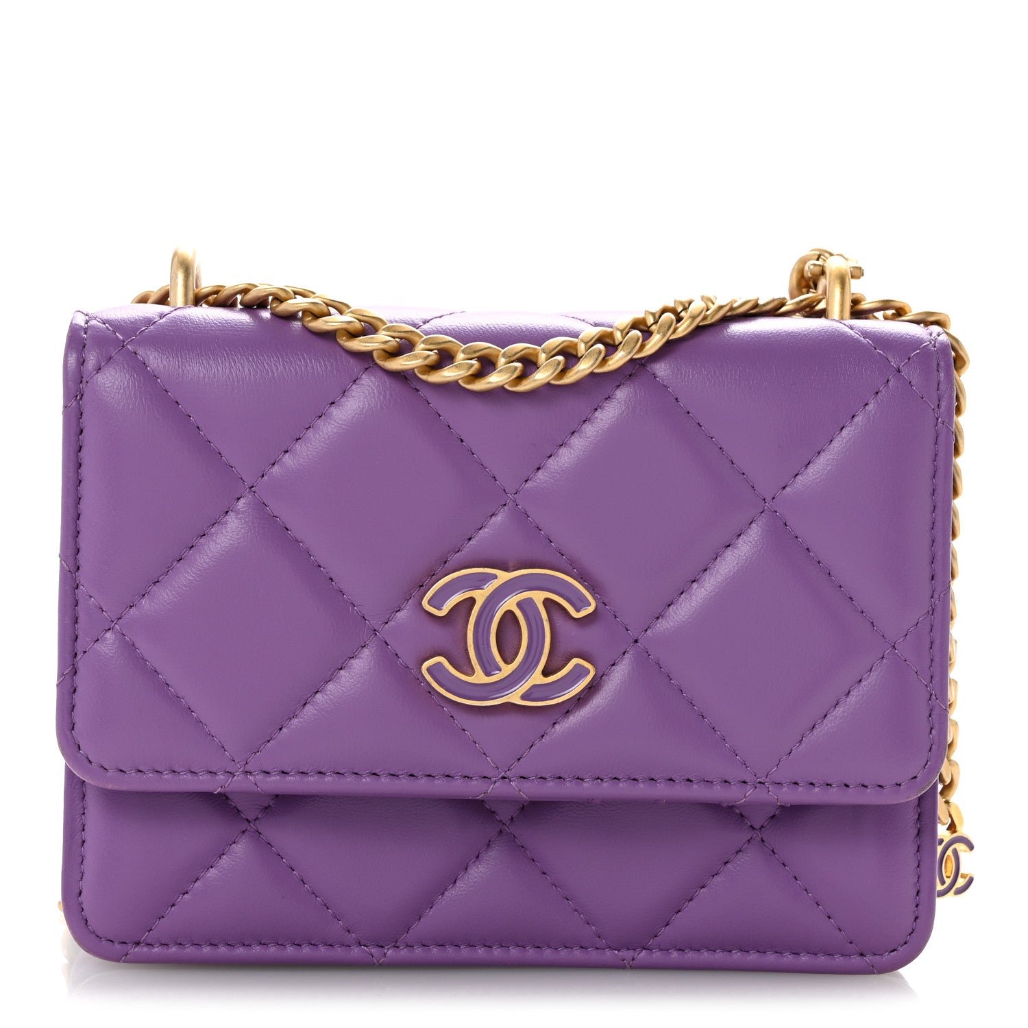 Chanel Lambskin Enamel Quilted Pending CC Clutch With Chain  Purple