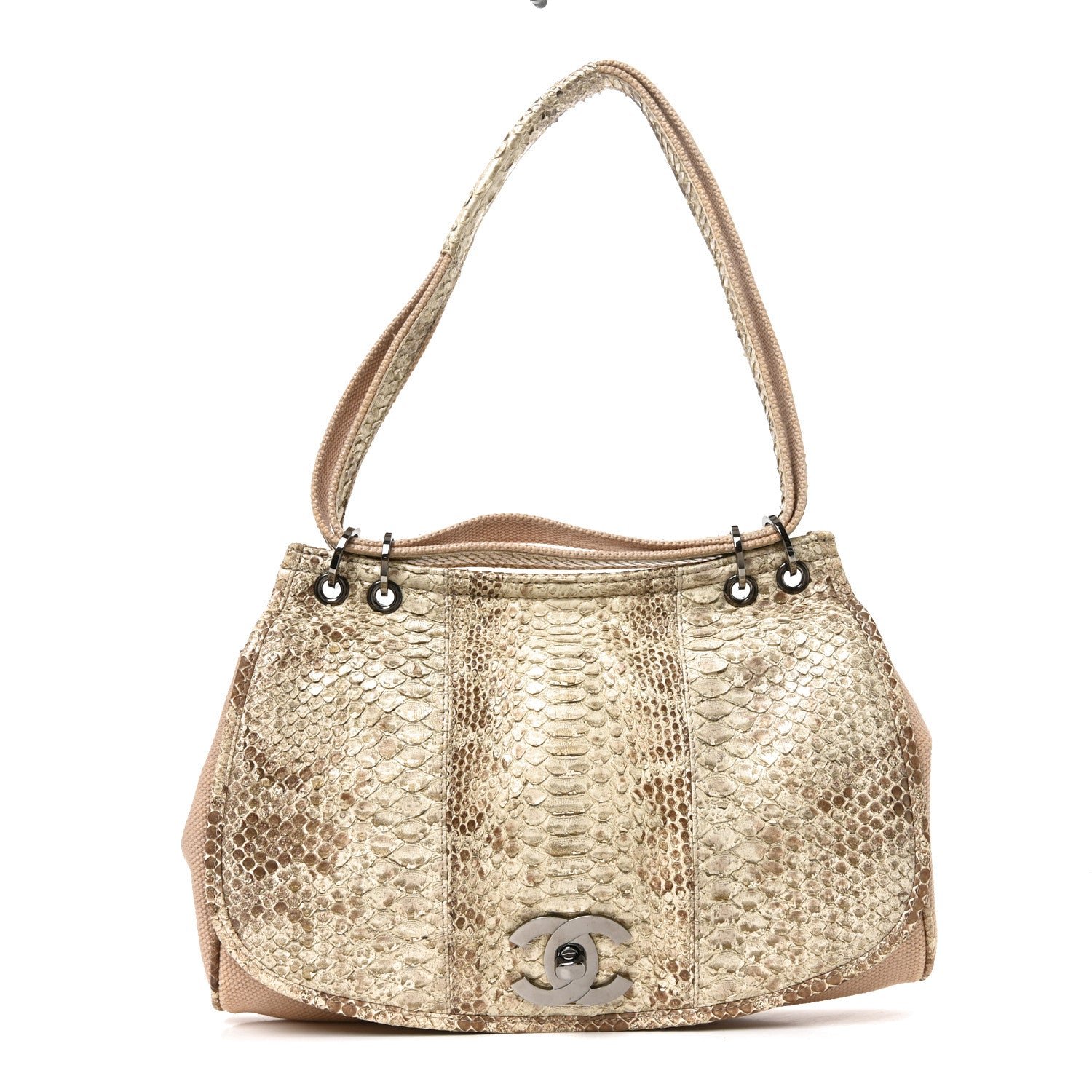 Chanel Snakeskin Canvas Flap Shoulder Bag Beige