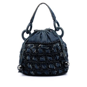 Raffia CC Woven Denim and Raffia Drawstring Bucket Bag