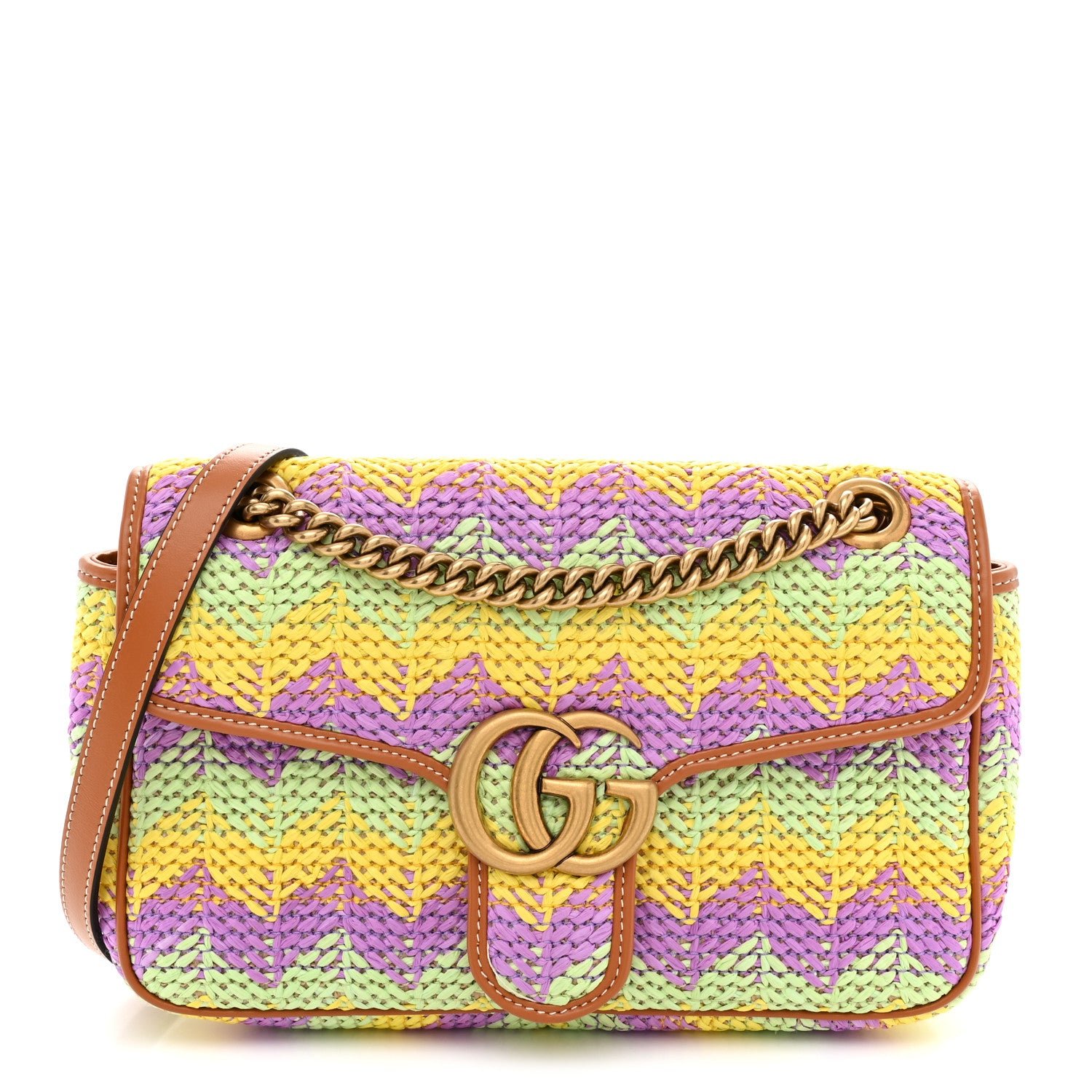 Gucci Calfskin Raffia Woven Small GG Marmont Shoulder Bag Multicolor
