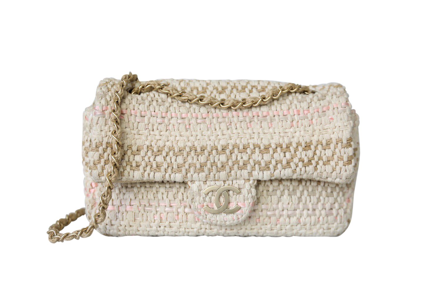 Chanel Flap, Knit Woven, Beige and Pink with Gold Hardware, Preowned No Dustbag MA001