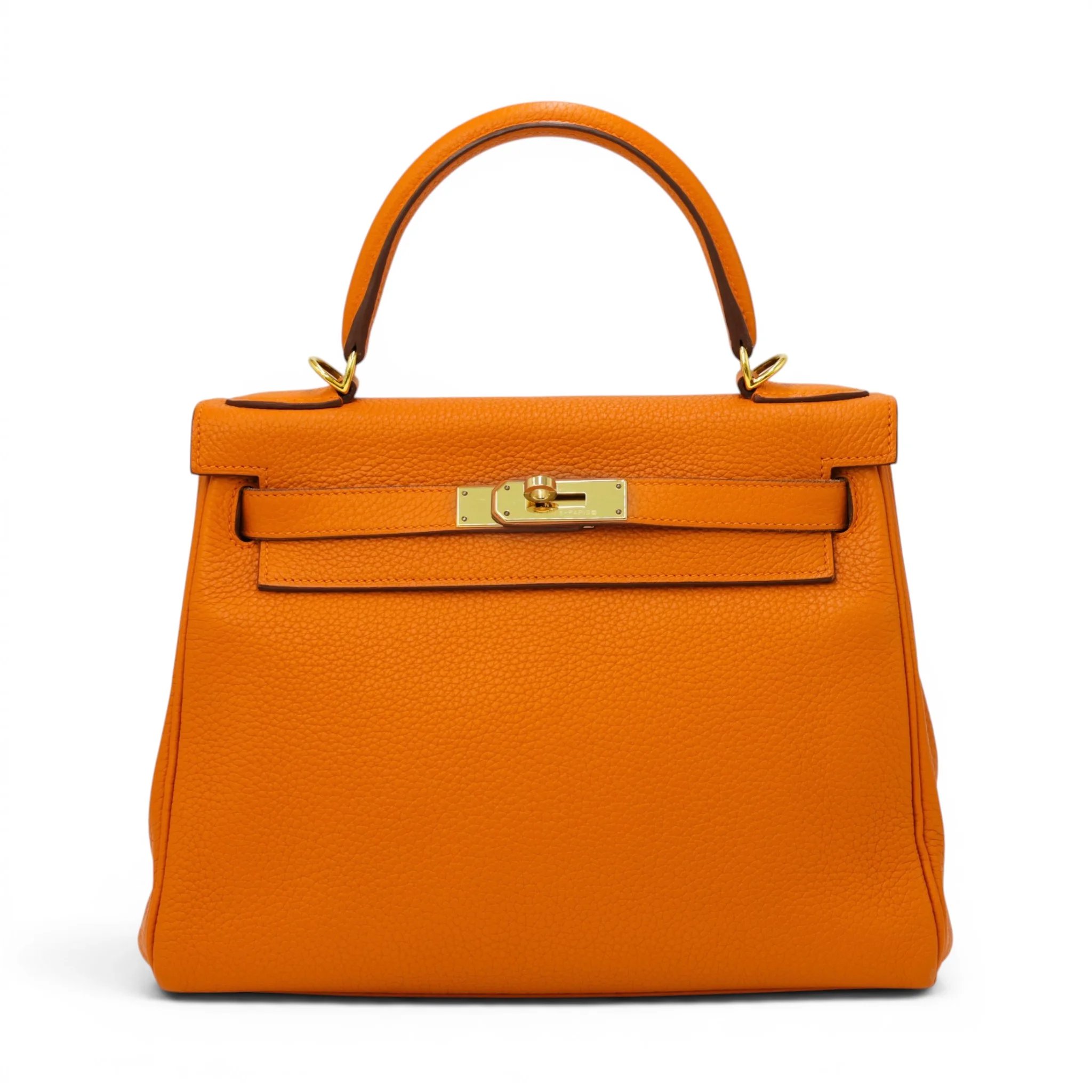 Very Good ( Rank A) HERMÈS Kelly 28 Orange (93) Clemence Gold hardware X (2016)