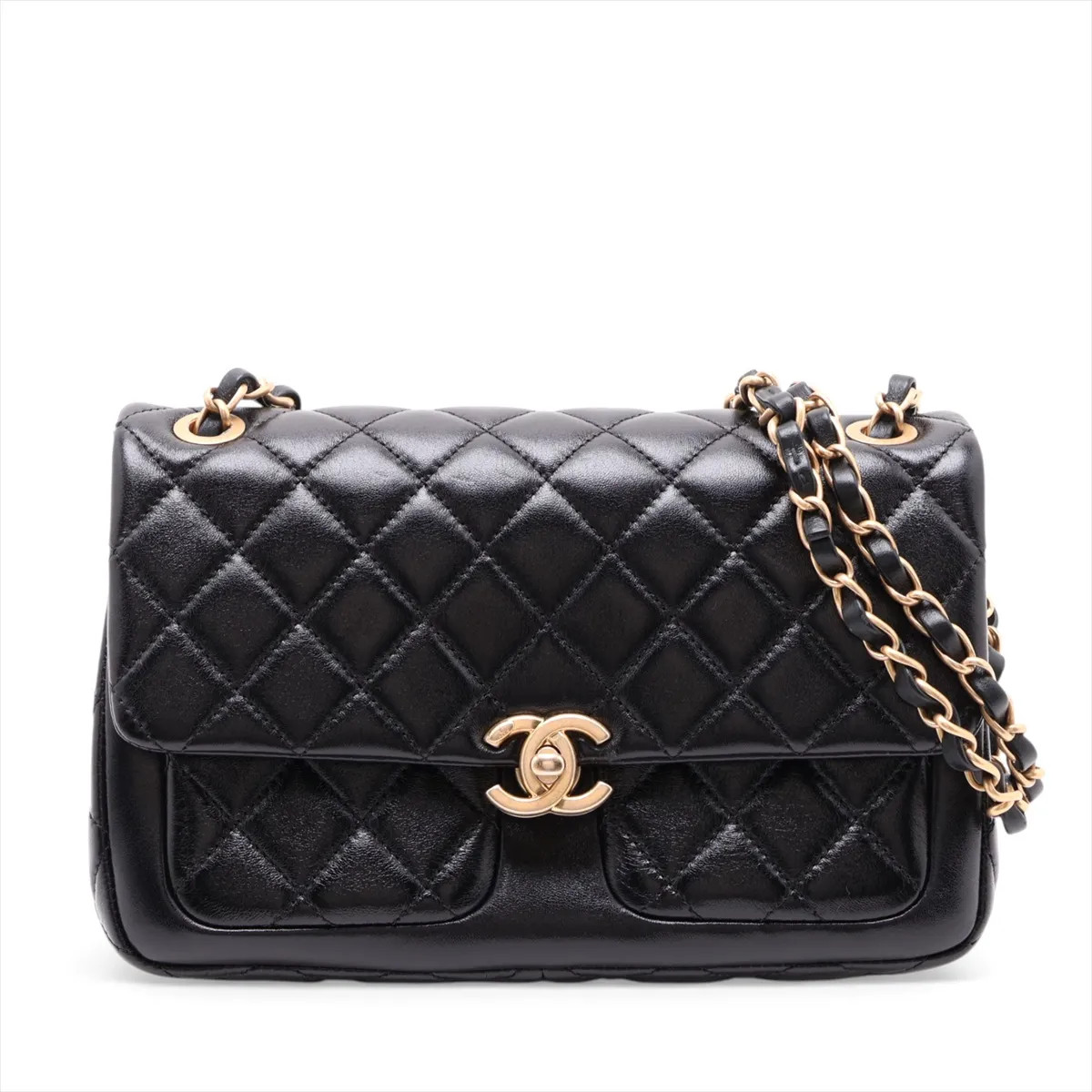 Chanel Matelasse Lambskin Single Flap Double Chain Bag Black Gold Metal Fittings