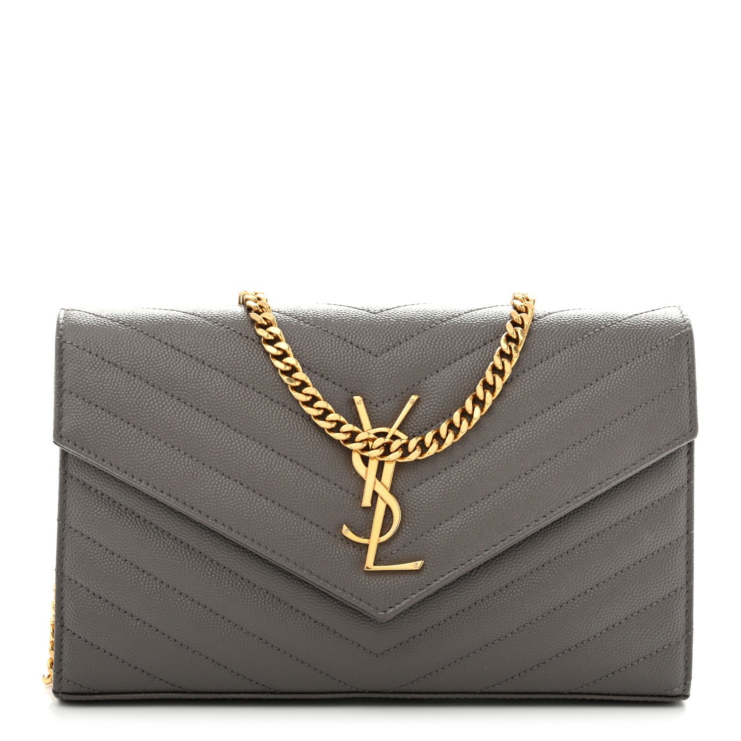 Saint Laurent Grain De Poudre Matelasse Chevron Monogram Chain Wallet Fog