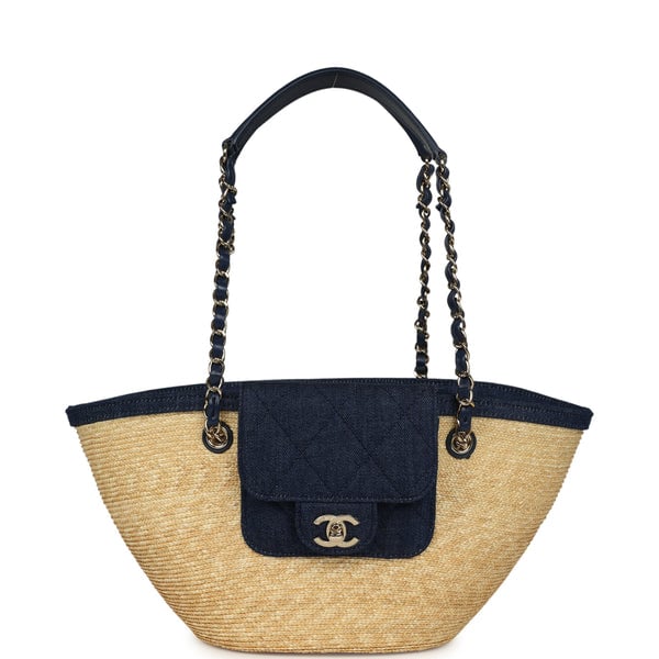Chanel Small Coco Beach Shopping Tote Bag Bag Beige Raffia and Dark Blue Denim Light Gold Hardware