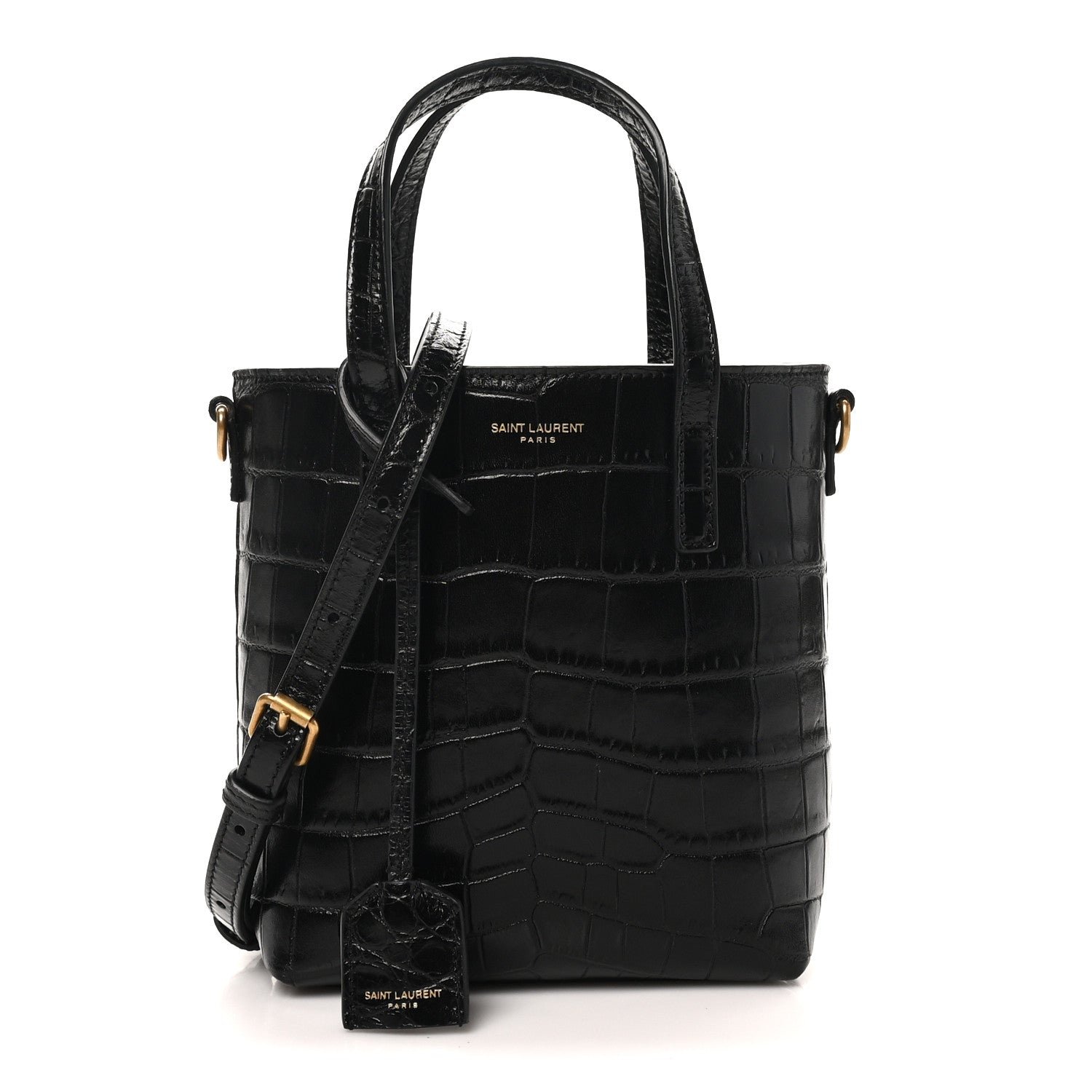 Saint Laurent Calfskin Crocodile Embossed Paris Mini Toy Shopper Tote Black