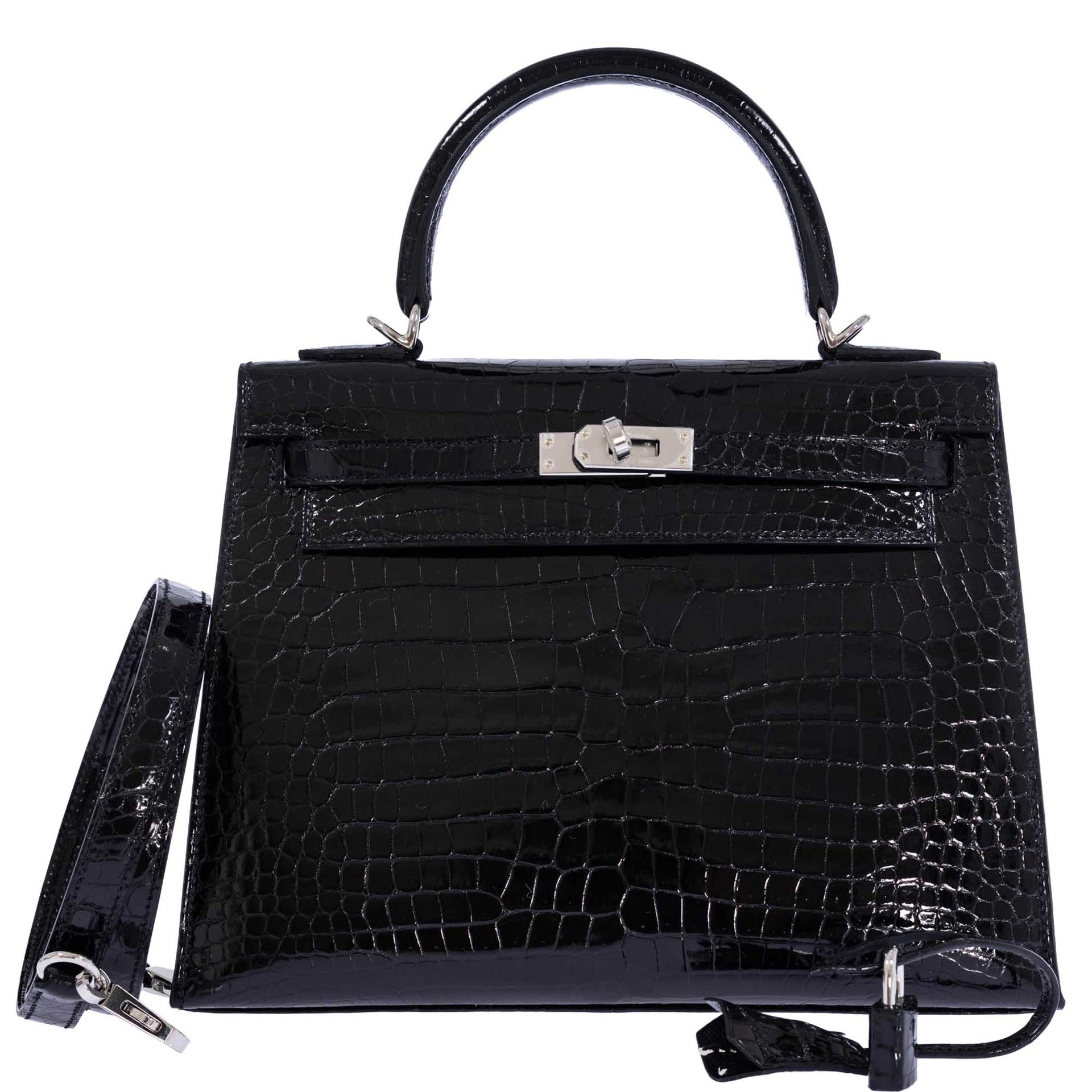 Hermes Hermès Kelly 25 Sellier Noir Shiny Porosus Crocodile Palladium Hardware