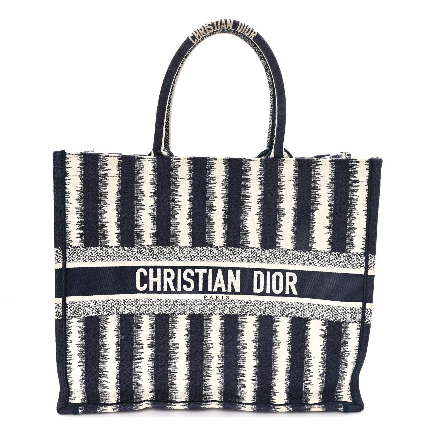 Christian Dior Canvas Embroidered Large Striped Book Tote Navy