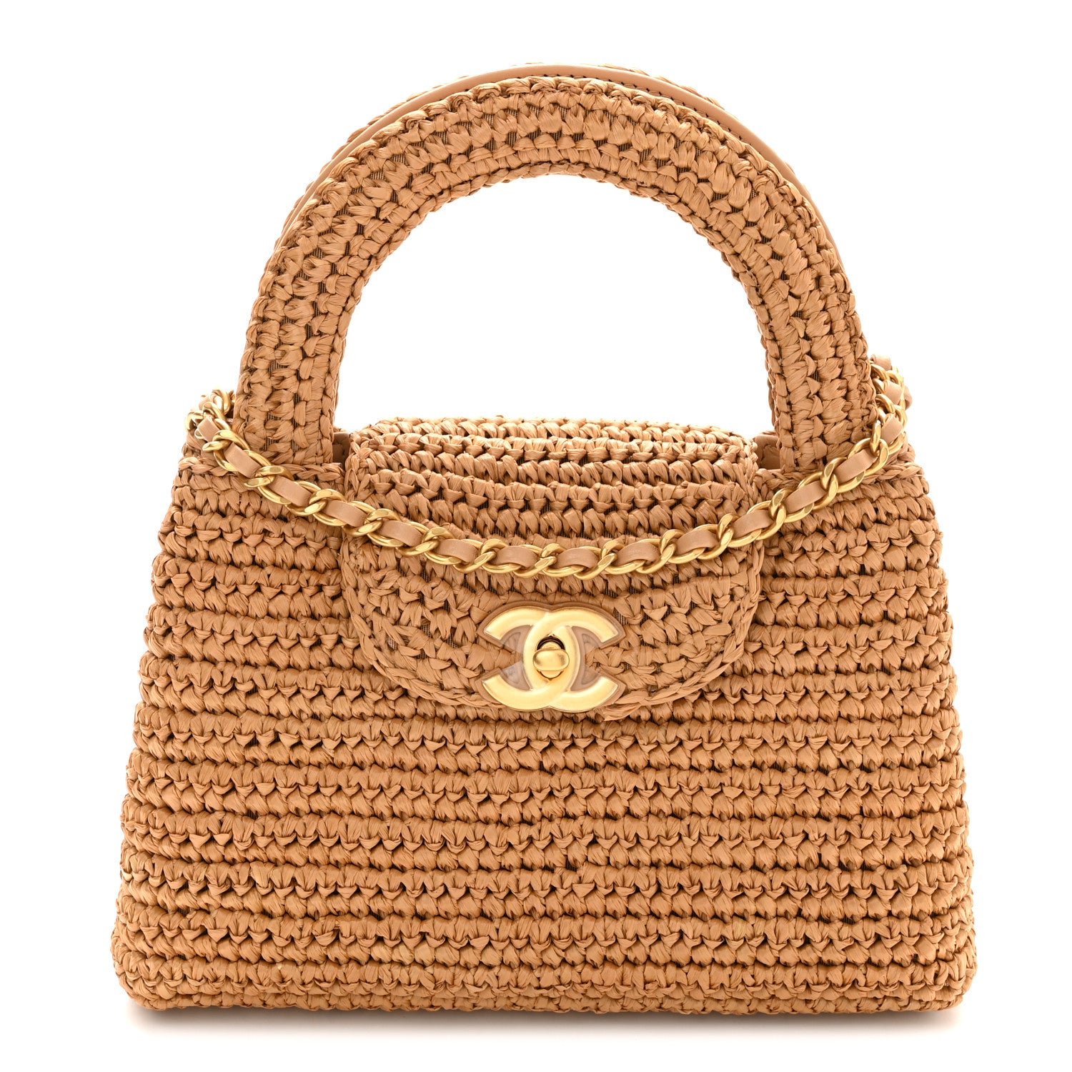 Chanel Braided Raffia Nano Kelly Flap Bag Dark Beige