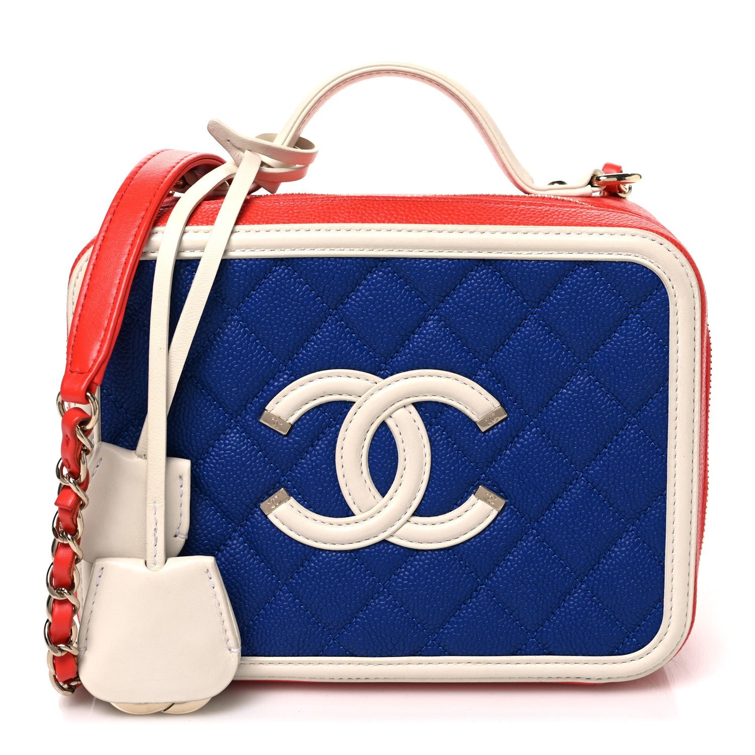 Chanel Caviar Quilted Medium CC Filigree Vanity Case Blue White Red