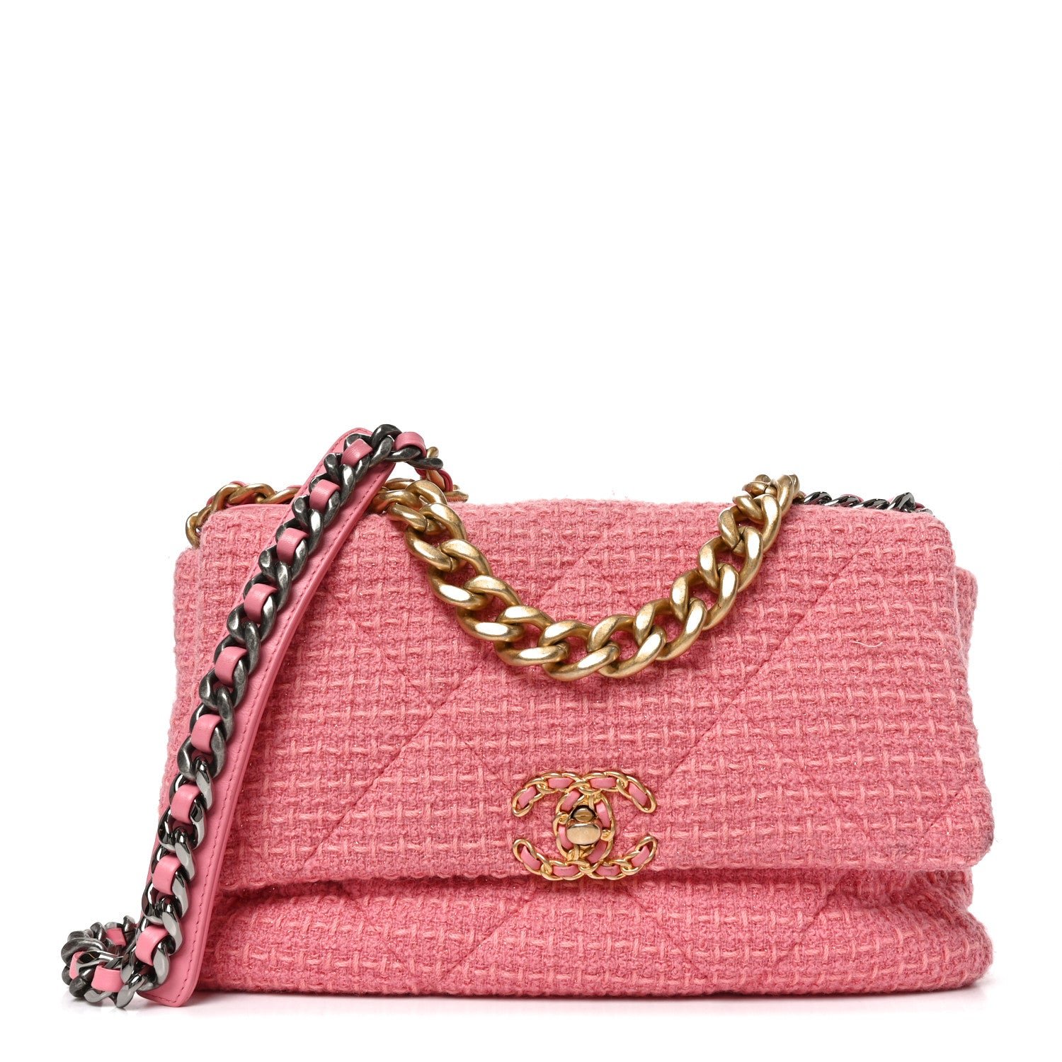 Chanel Metallic Tweed Quilted Large Chanel 19 Flap Pink