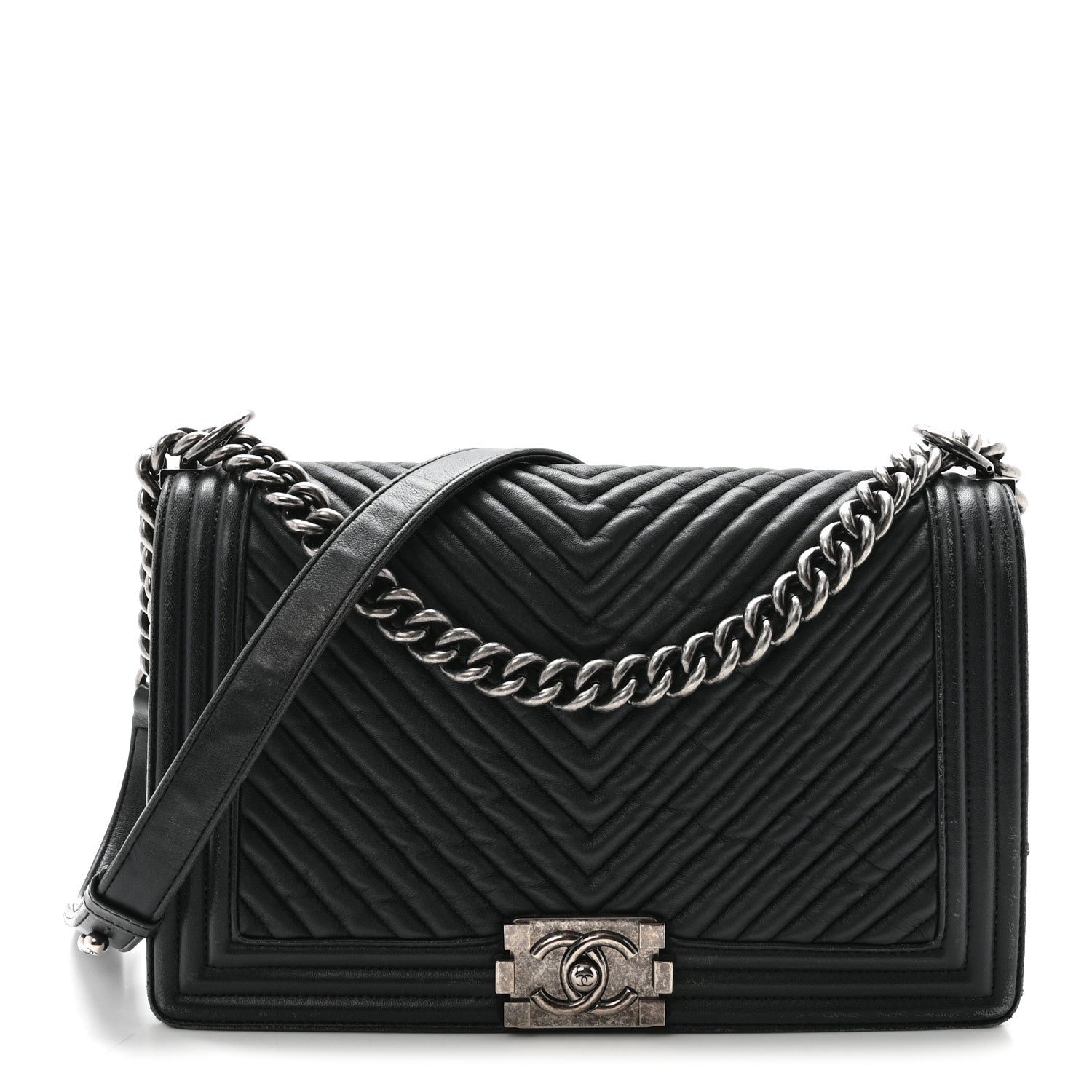 Chanel Wrinkled Lambskin Chevron Quilted New Medium Boy Flap Navy Blue