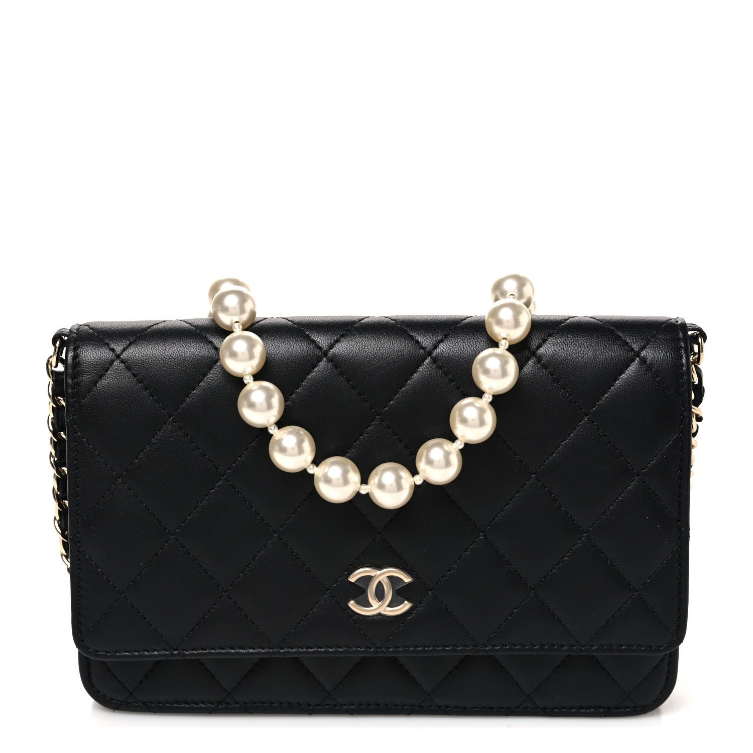 Chanel Lambskin Quilted Pearl Wallet On Chain WOC Black