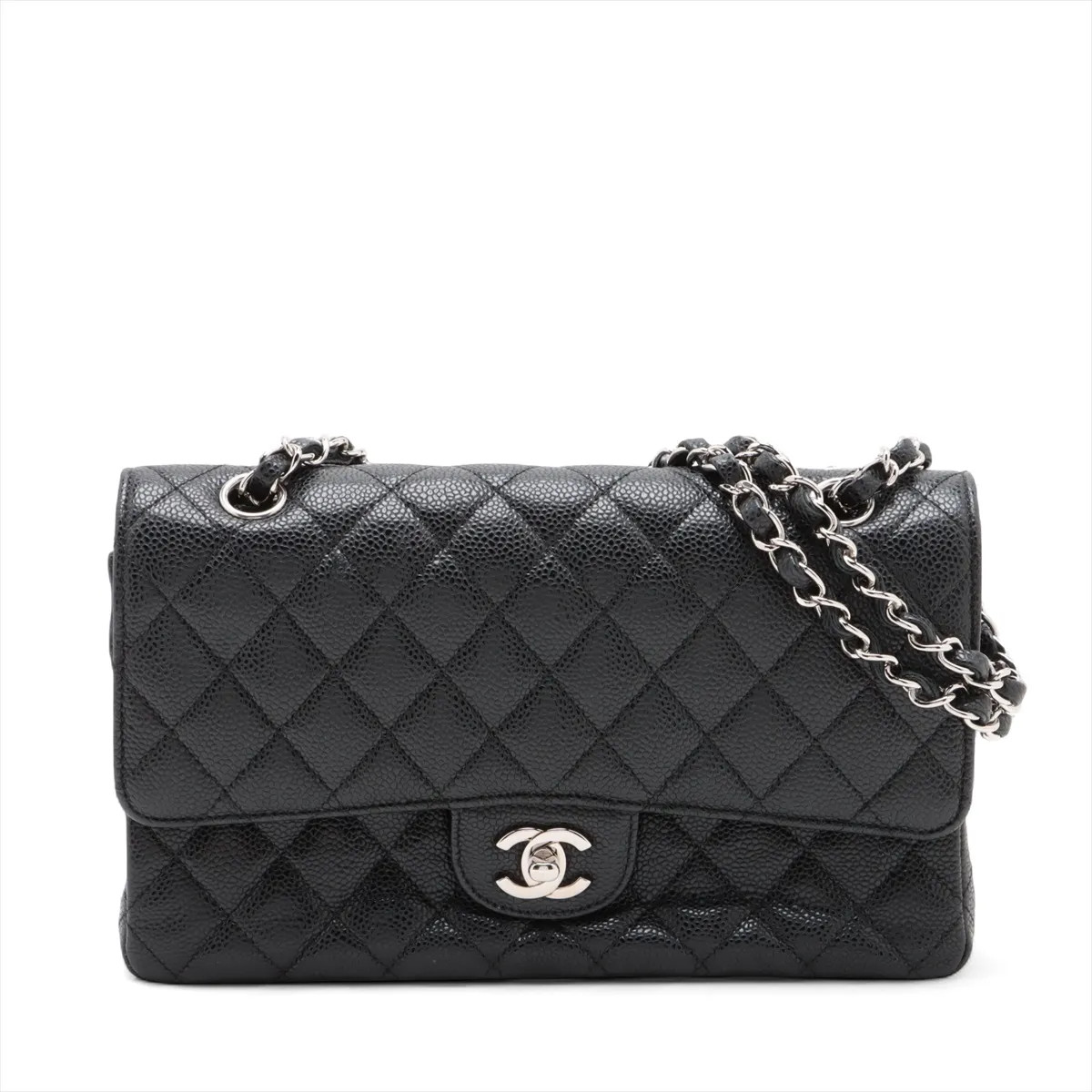Chanel Matelasse 25 Caviar Skin Double Flap Double Chain Bag Black Silver Metal