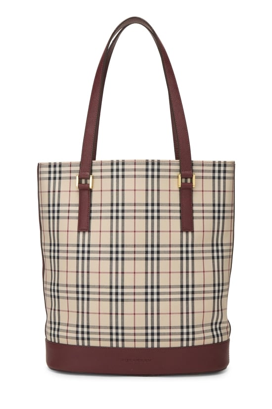 Burberry Burgundy Jacquard Check Bucket Tote Medium